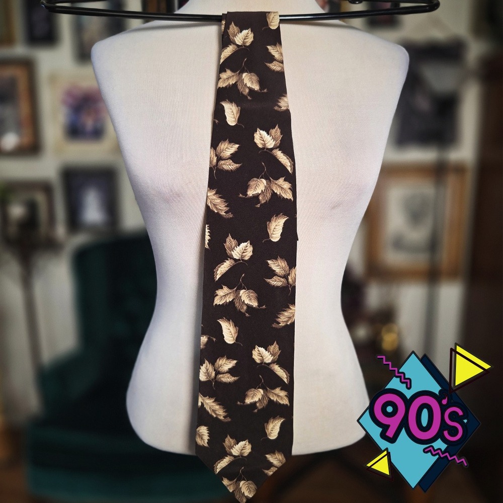 Structure Silk Tie Vintage 90s Brown Tan Leaf Print Mens Necktie Made in USA NOS